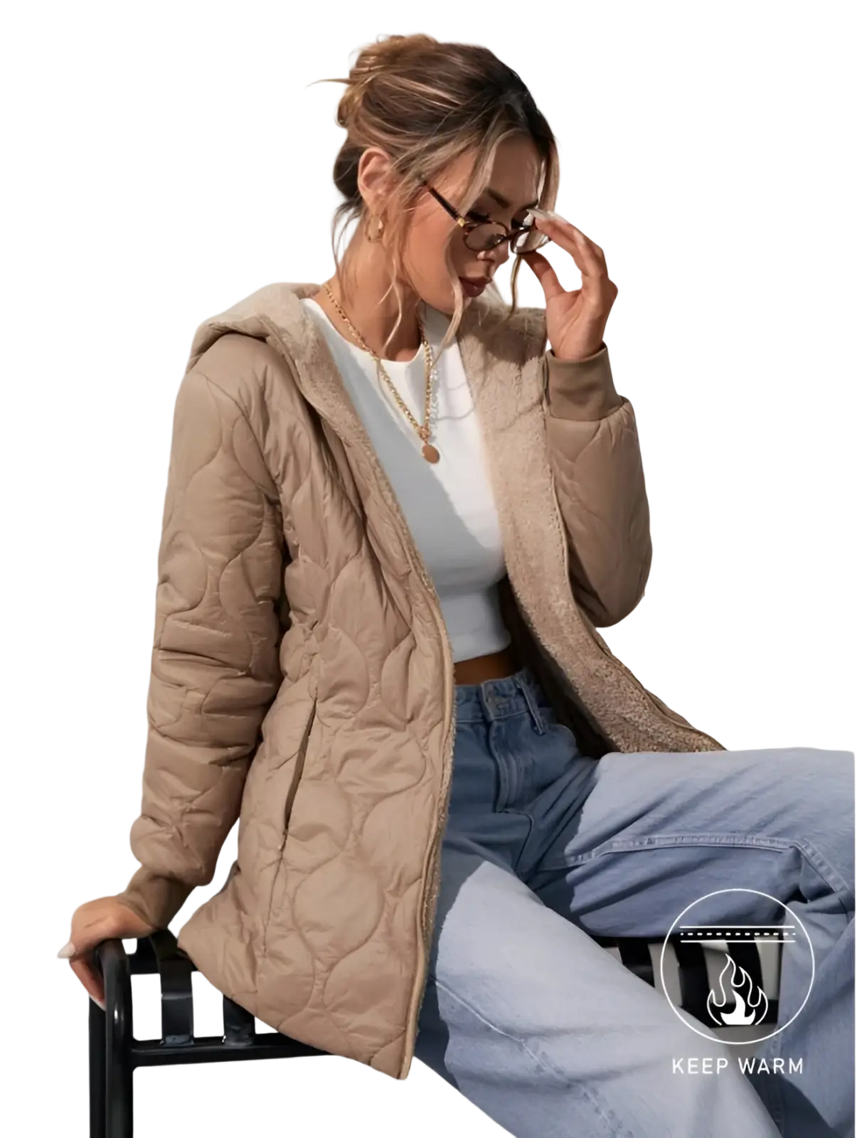 Beige quilted hooded padded winter coat with a soft texture and subtle stitching details for cold weather