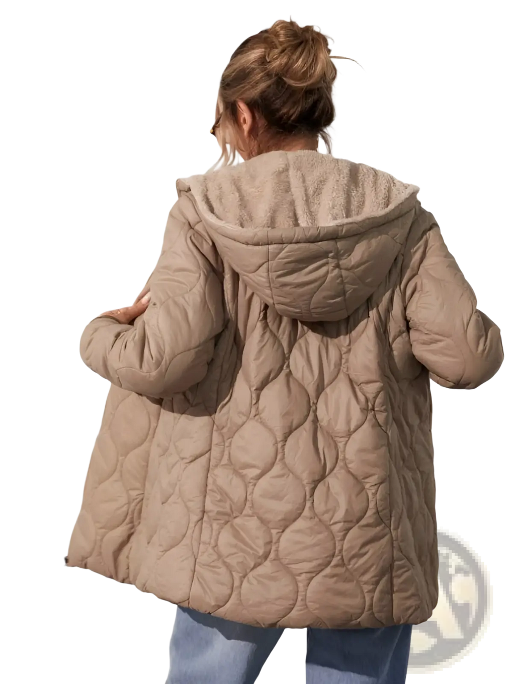 Beige quilted hooded padded winter coat with soft fleece-lined hood designed for cold weather warmth