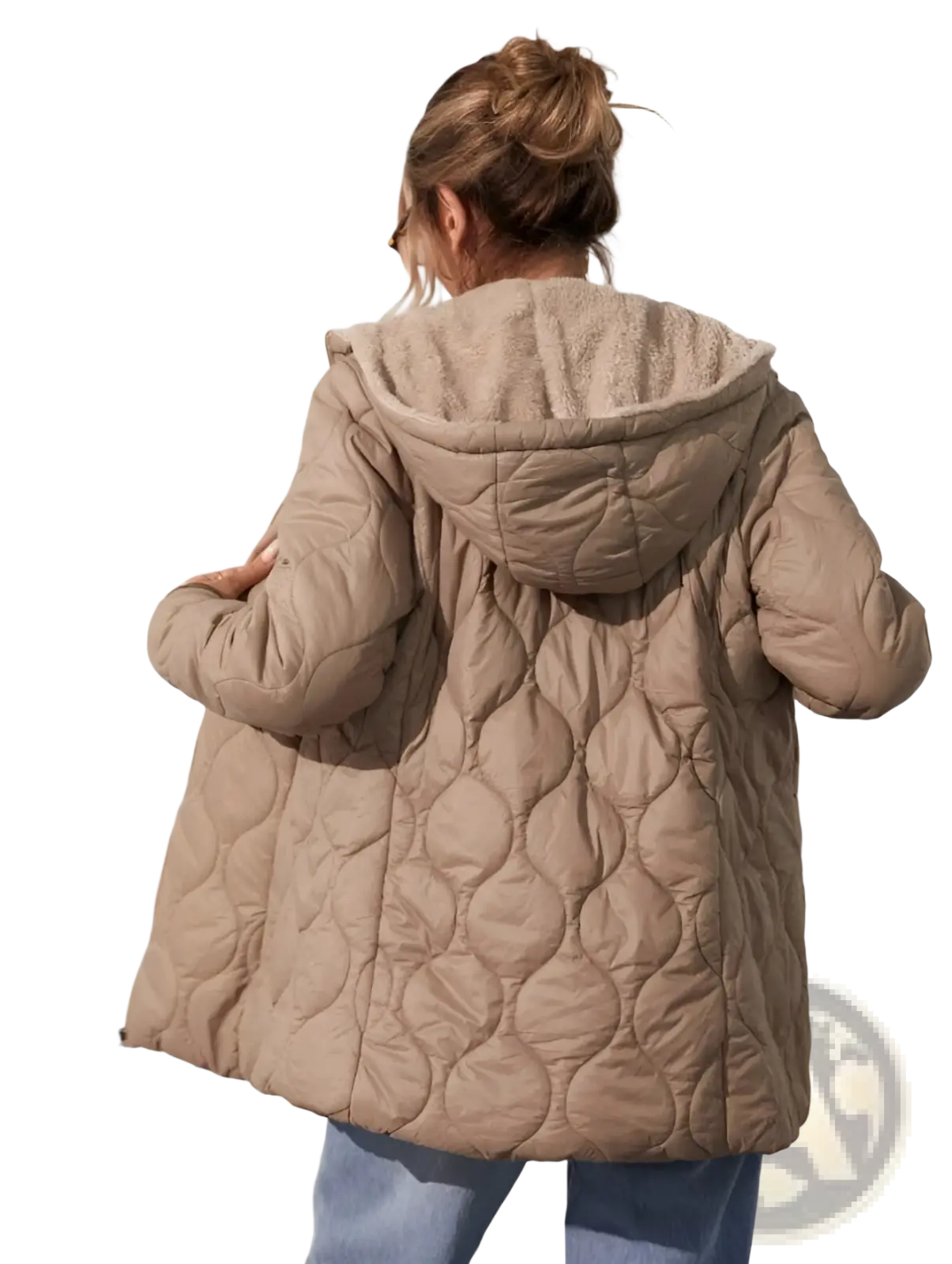 Beige quilted hooded padded winter coat with soft fleece-lined hood designed for cold weather warmth