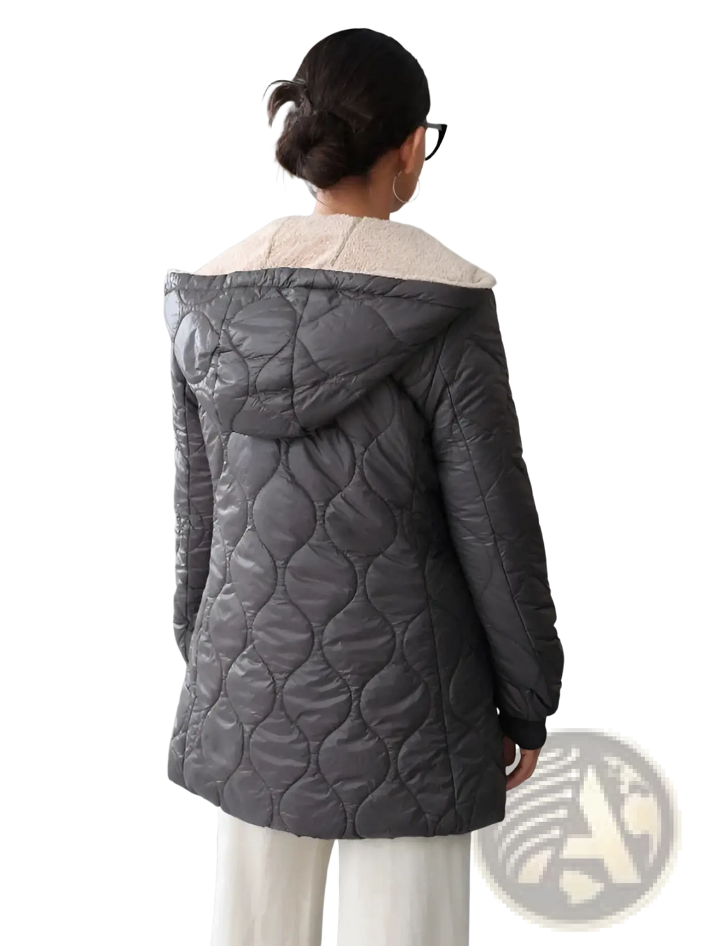 Dark gray quilted hooded padded winter coat with contrasting beige shearling-lined collar for cold weather use