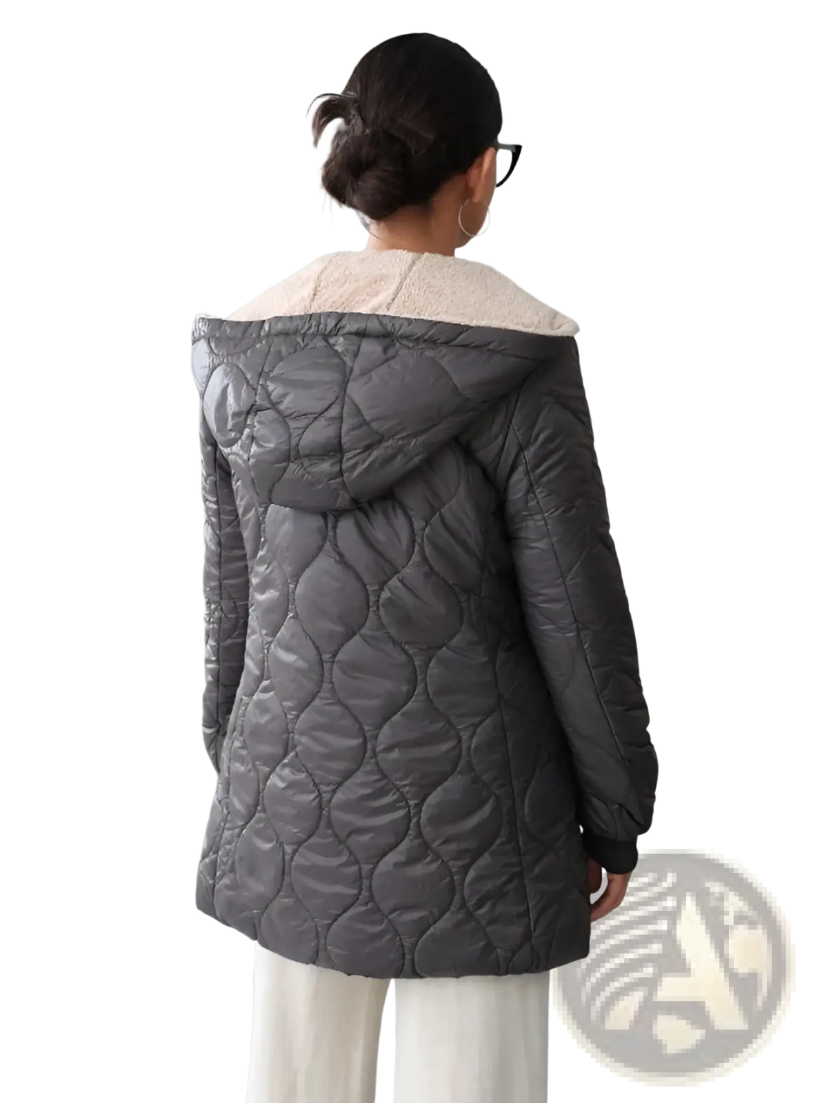 Dark gray quilted hooded padded winter coat with contrasting beige shearling-lined collar for cold weather use