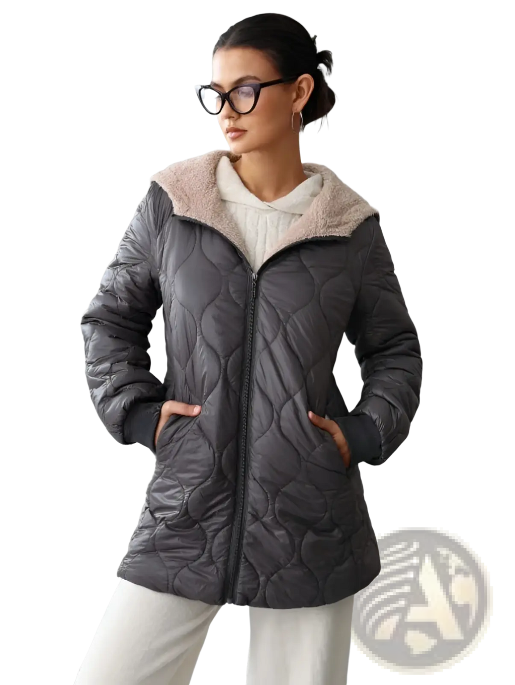 Dark gray quilted hooded padded winter coat with plush beige-lined hood for cold weather wear