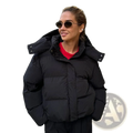 Black quilted hooded puffer jacket featuring a warm insulated design for cold weather protection