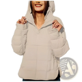 Beige quilted hooded puffer jacket for women featuring a warm insulated design with a hood and quilted pattern