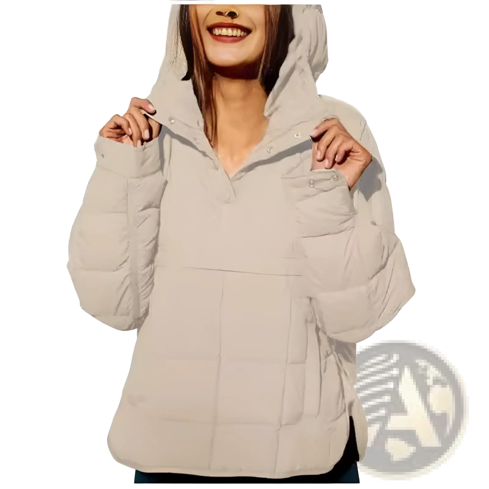 Beige quilted hooded puffer jacket for women featuring a warm insulated design with a hood and quilted pattern