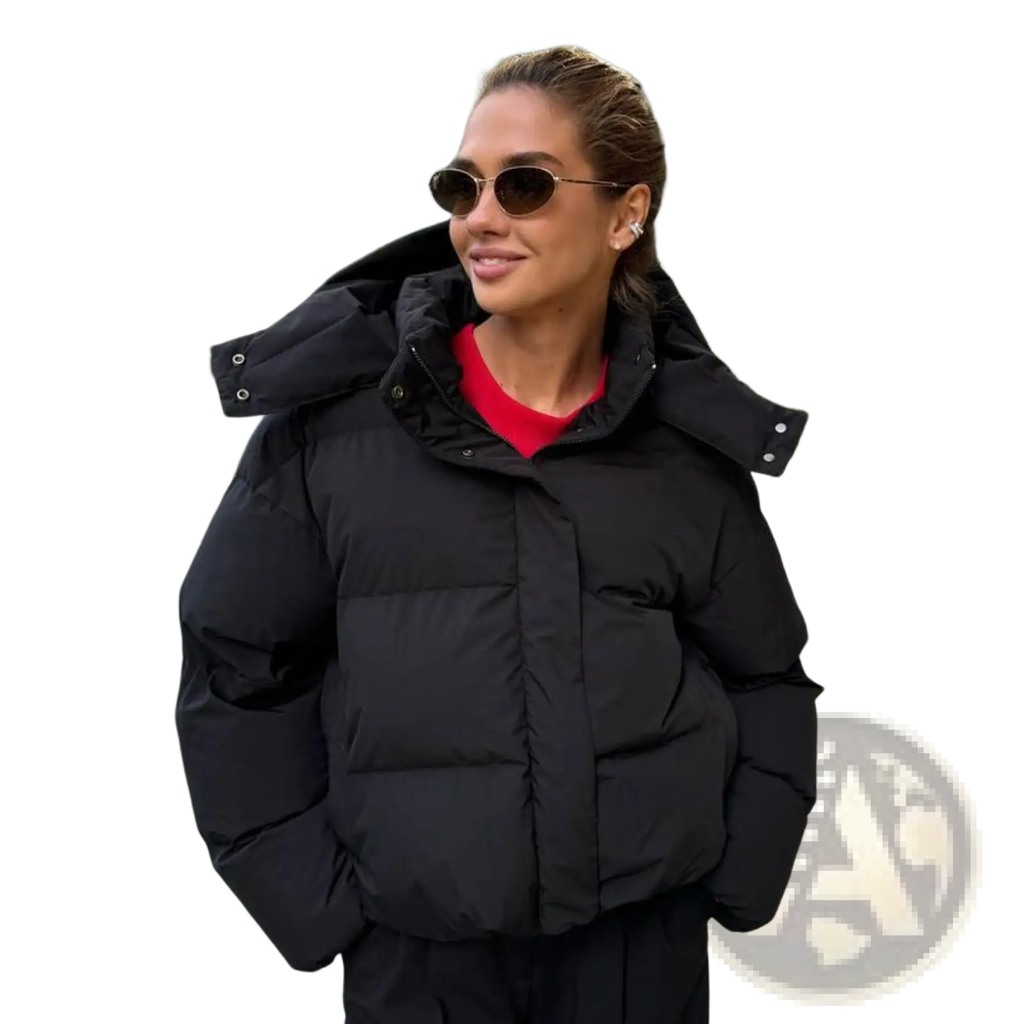 Black quilted hooded puffer jacket designed for warmth and style with a durable insulated outer material