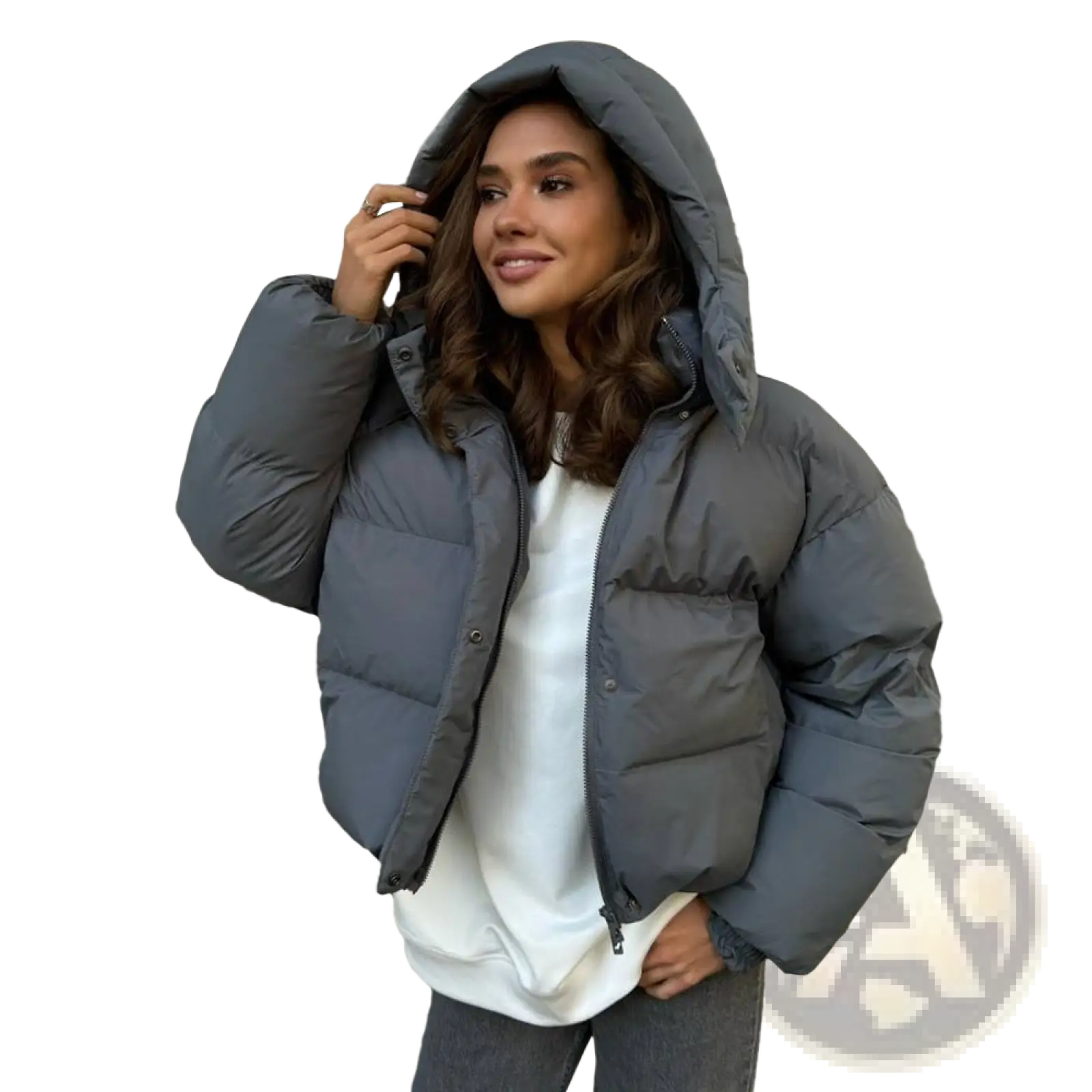 A cozy gray quilted hooded puffer jacket designed for warmth and comfort in cold weather