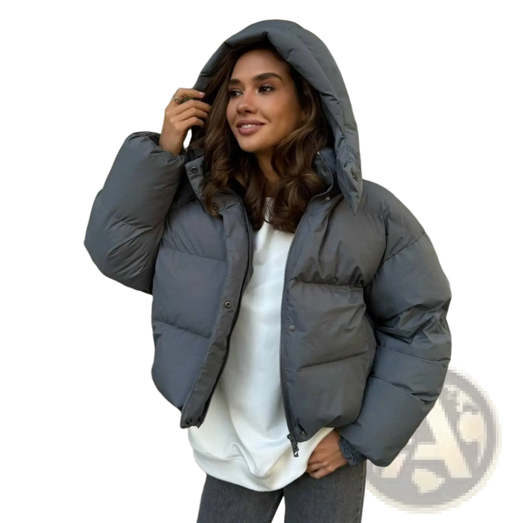 A cozy gray quilted hooded puffer jacket designed for warmth and comfort in cold weather