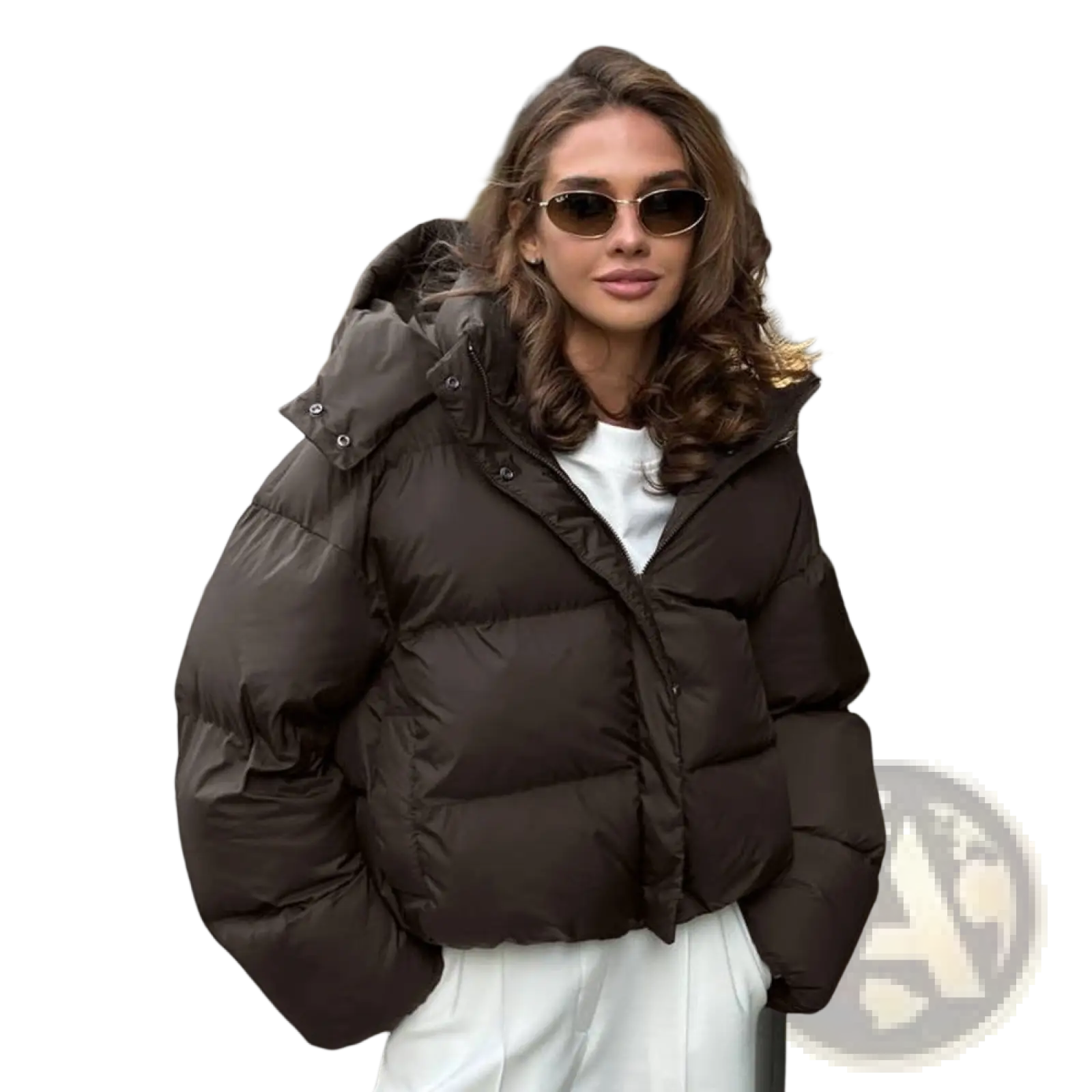 A dark brown quilted hooded puffer jacket with silver-toned snap buttons and a puffy insulated design