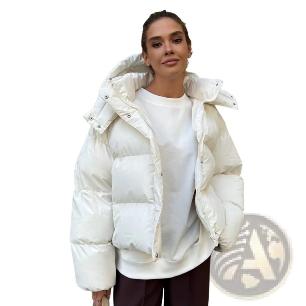 White quilted hooded puffer jacket with silver snap buttons designed for warmth and style