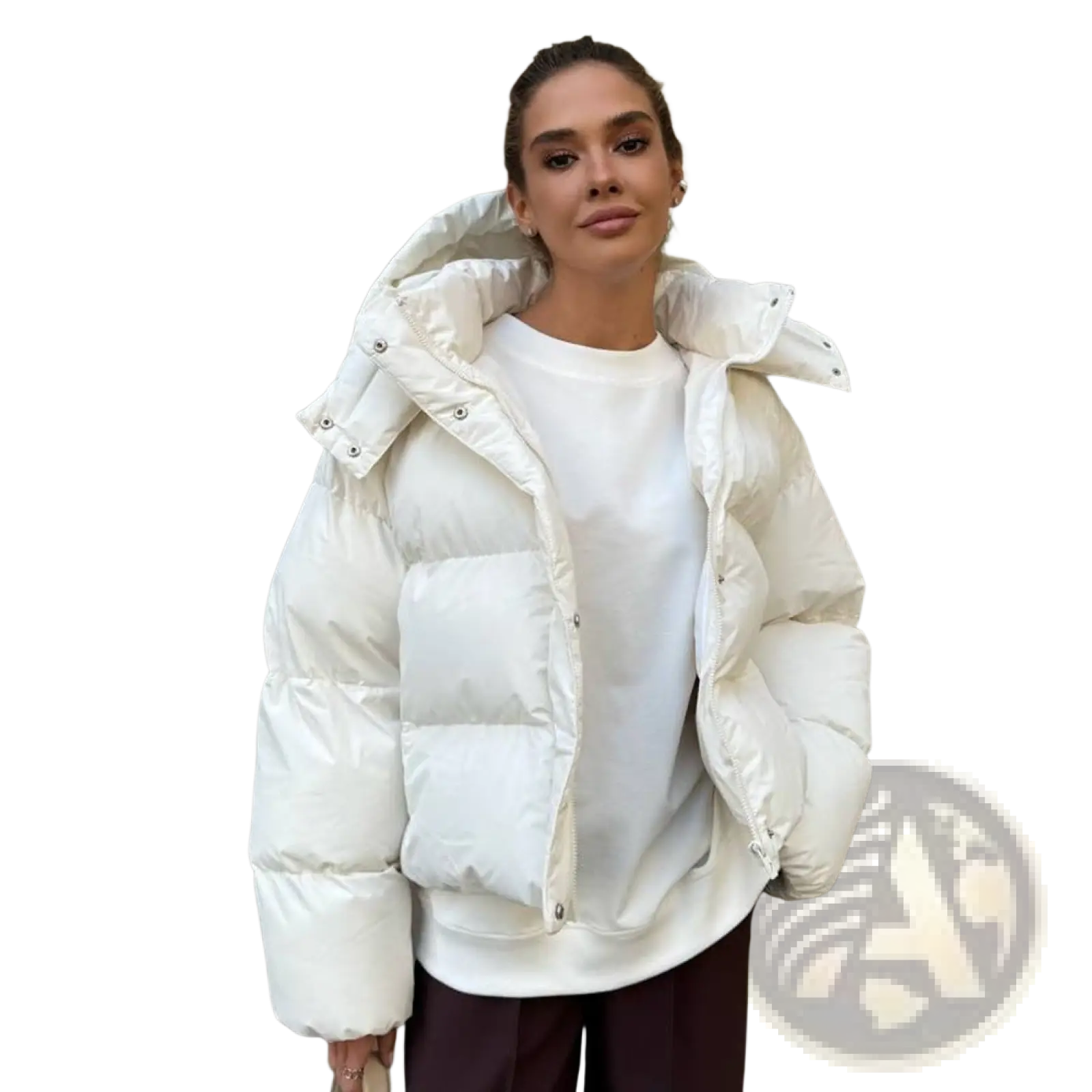 White quilted hooded puffer jacket with silver snap buttons designed for warmth and style