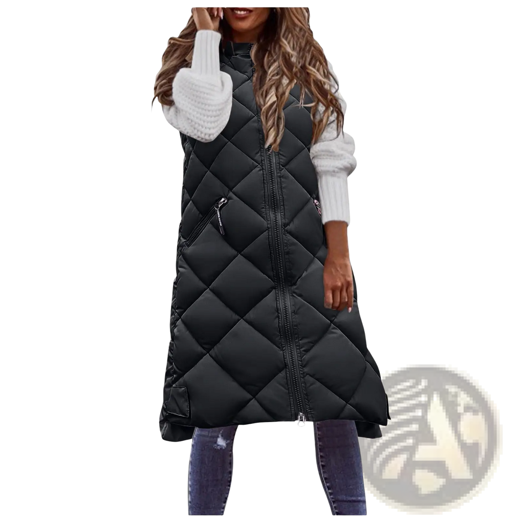 Black quilted hooded puffer vest with central zipper and side pockets made of insulated material for warmth