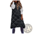 Black quilted hooded puffer vest with central zipper and side pockets made of insulated material for warmth