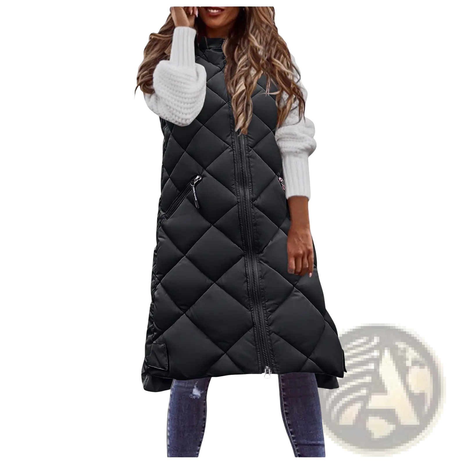 Black quilted hooded puffer vest with central zipper and side pockets made of insulated material for warmth