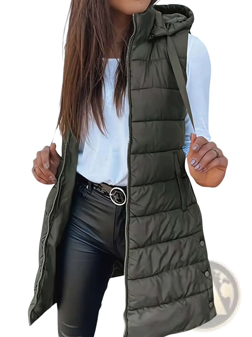 Olive green quilted cotton hooded puffer vest with front zipper and side pockets for outdoor wear