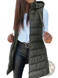 Olive green quilted cotton hooded puffer vest with front zipper and side pockets for outdoor wear