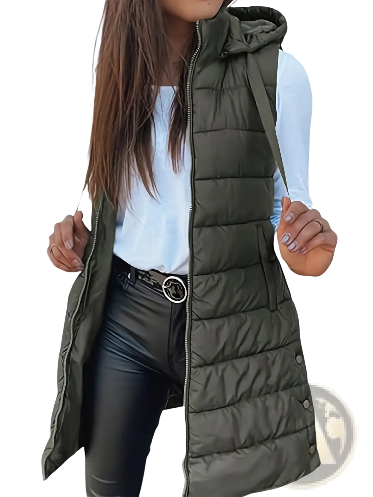 Olive green quilted cotton hooded puffer vest with front zipper and side pockets for outdoor wear