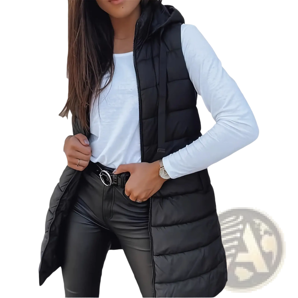 Black quilted hooded puffer vest with front zipper and side pockets made of solid cotton outerwear material