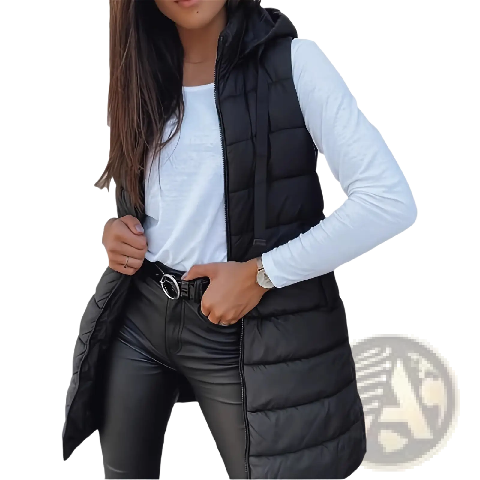 Black quilted hooded puffer vest with front zipper and side pockets made of solid cotton outerwear material