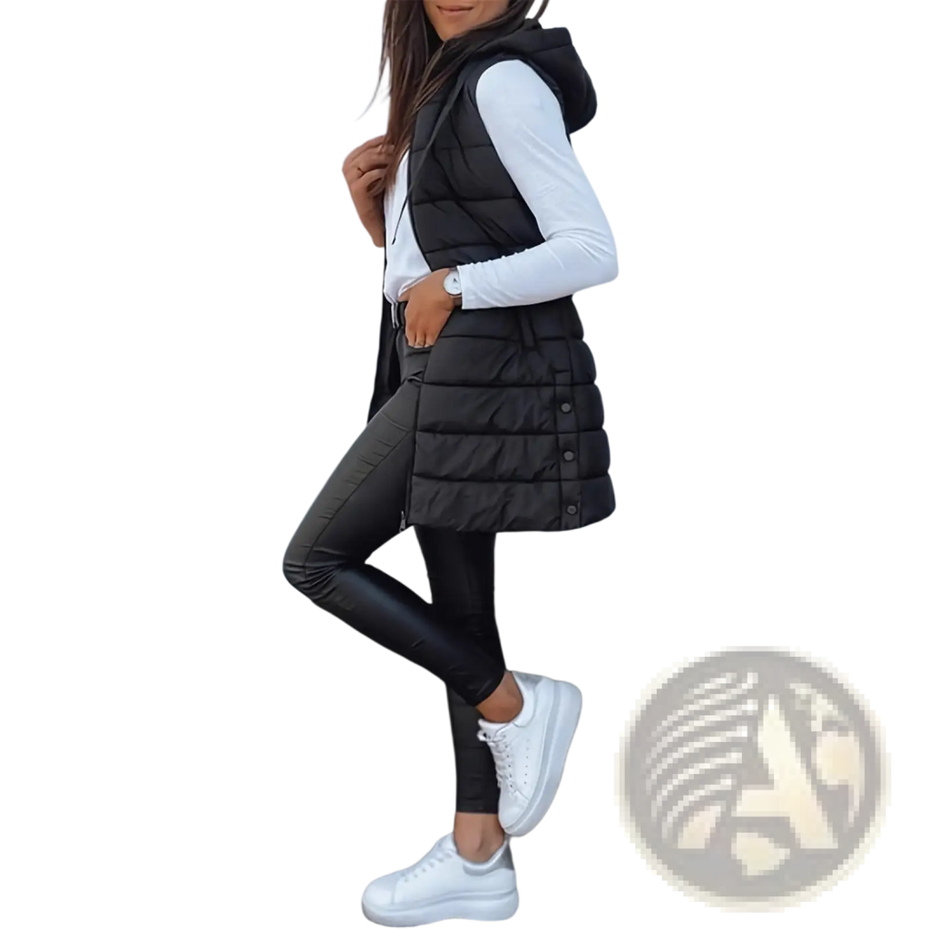 Black quilted hooded puffer vest with front button closure made from solid cotton outerwear fabric