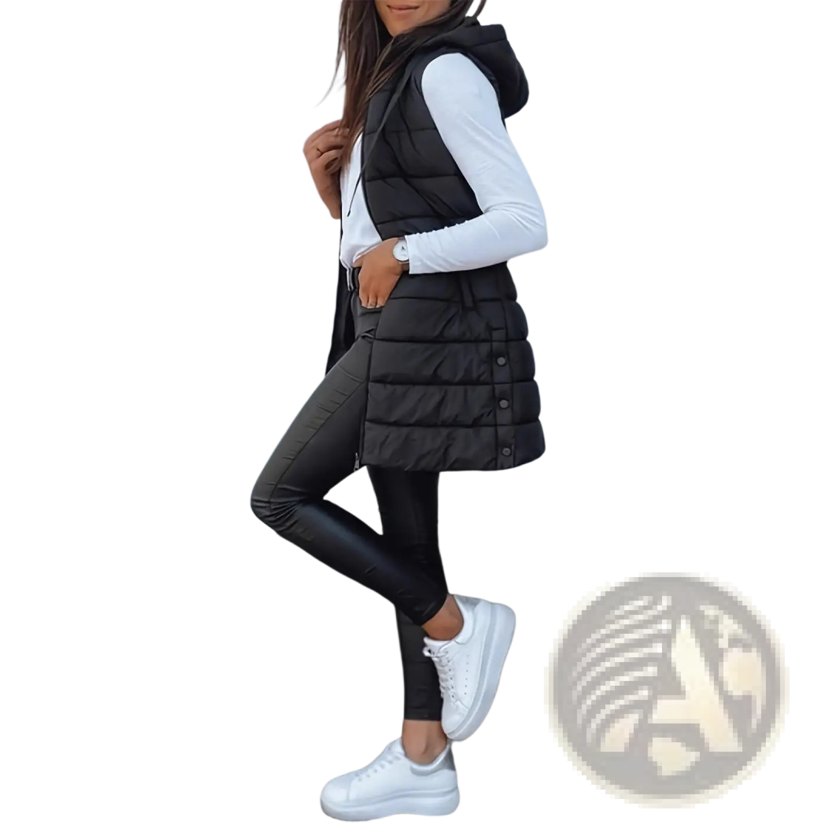 Black quilted hooded puffer vest with front button closure made from solid cotton outerwear fabric