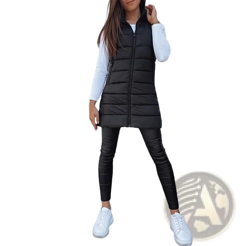 Black quilted hooded puffer vest made of solid cotton with full-length zipper and side pockets for outerwear use