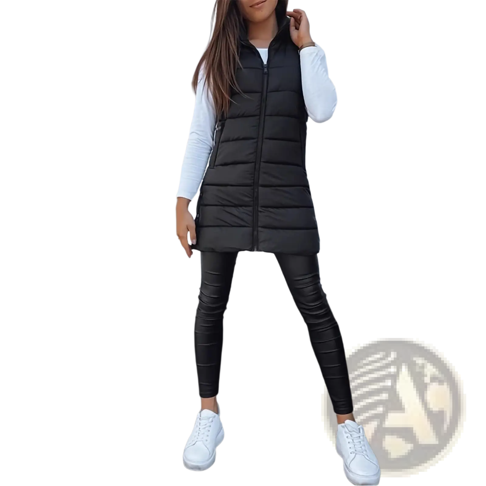 Black quilted hooded puffer vest made of solid cotton with full-length zipper and side pockets for outerwear use
