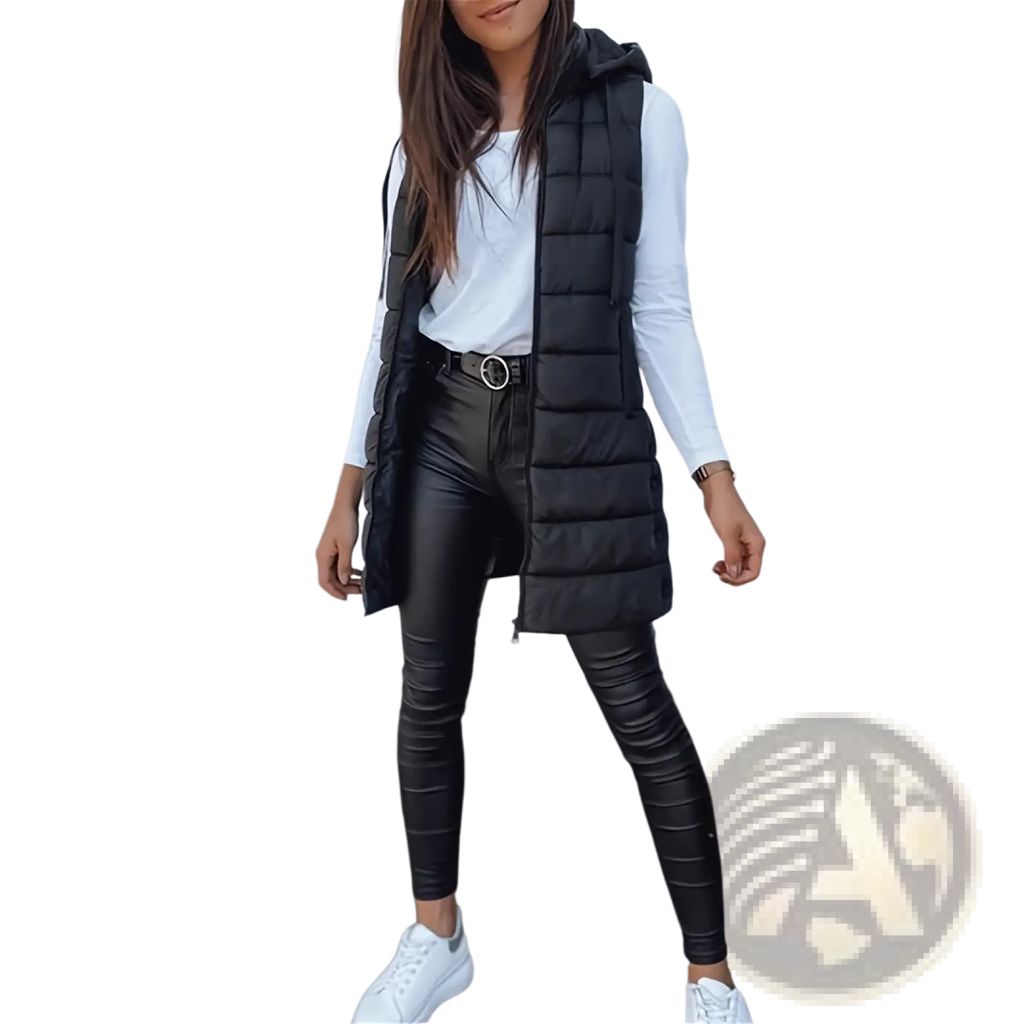 Black quilted hooded puffer vest with zipper front and padded solid cotton outerwear for cold weather use