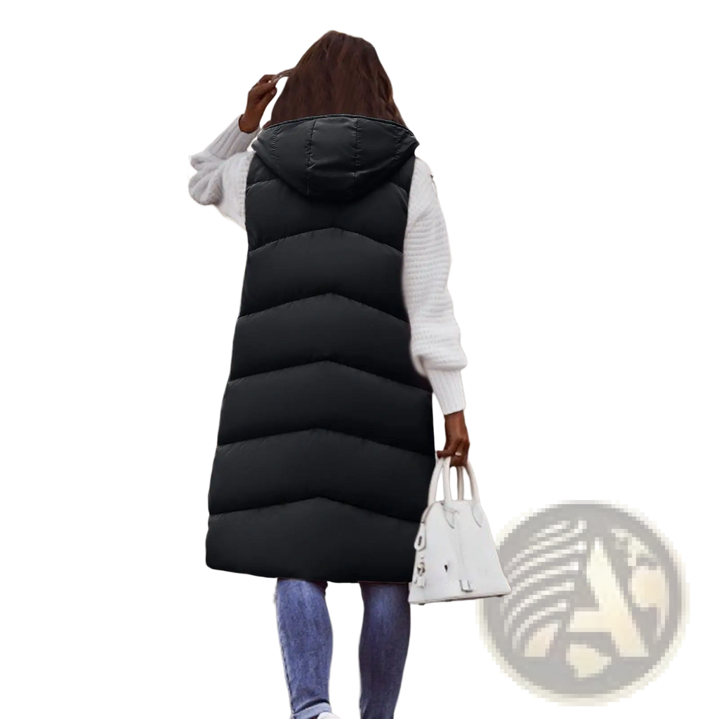 Black quilted hooded puffer vest made of insulated fabric ideal for cold weather layering and outdoor use