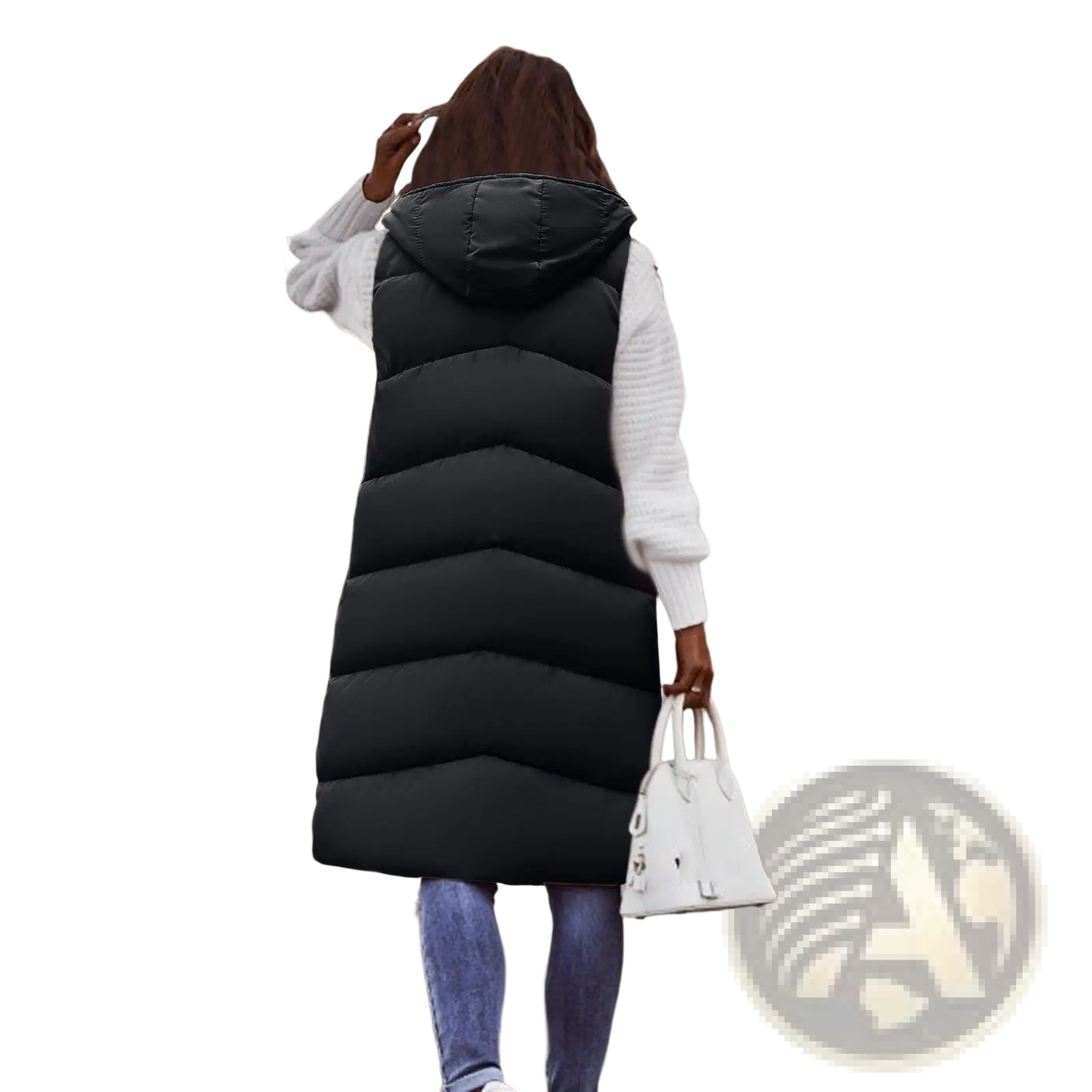 Black quilted hooded puffer vest made of insulated fabric ideal for cold weather layering and outdoor use