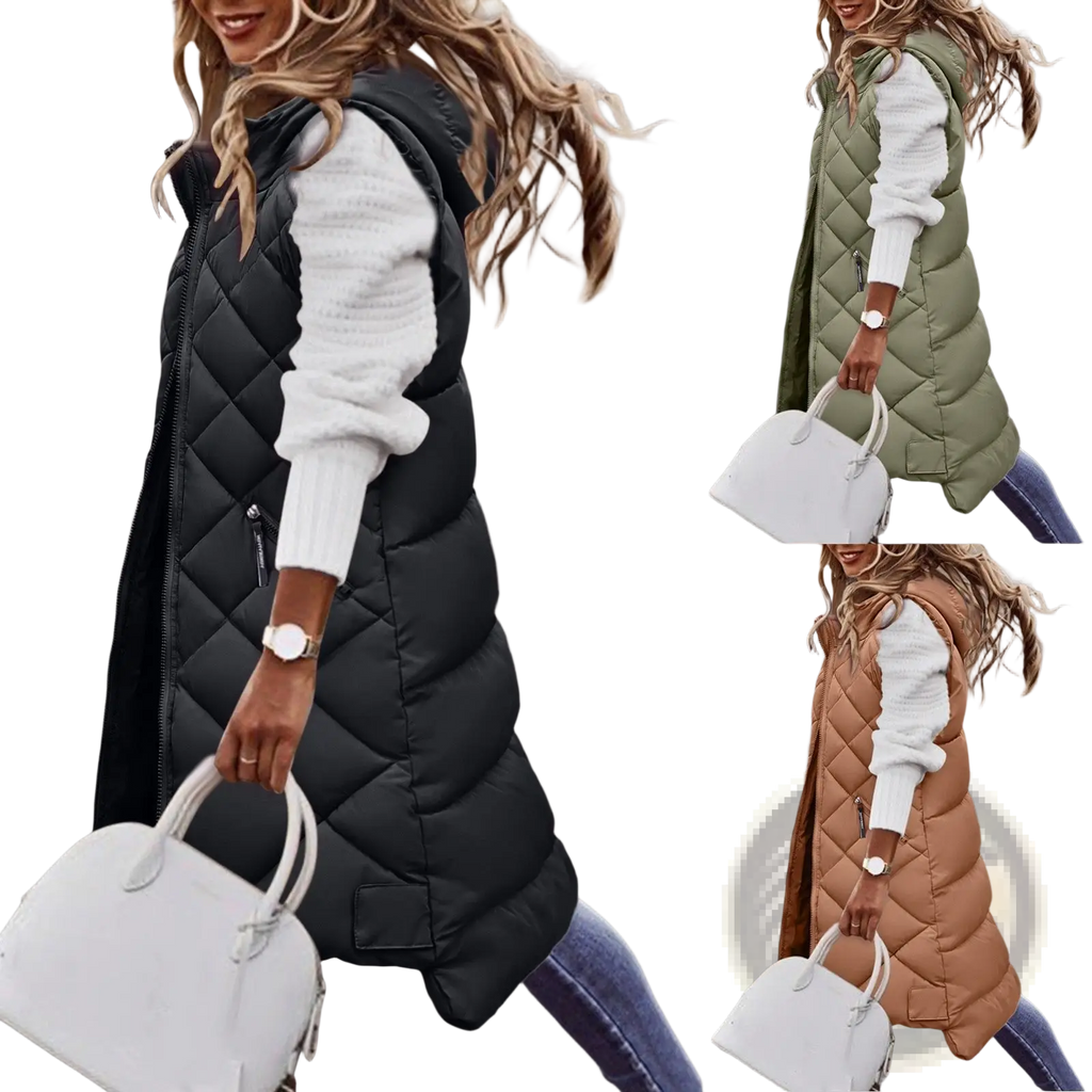 Black quilted hooded puffer vest featuring a quilted design paired with a white knit long-sleeve top