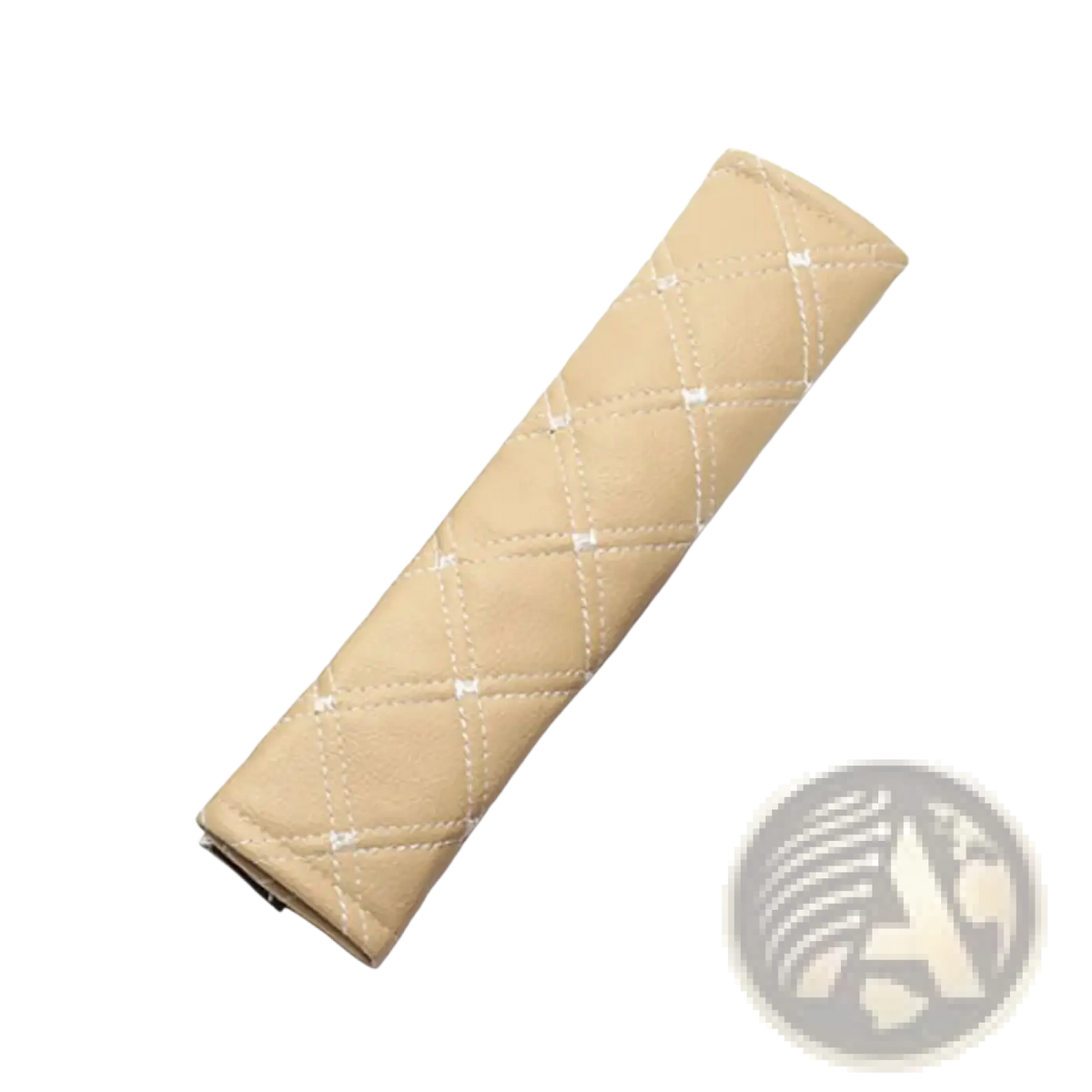 Beige quilted leather car seat belt cover with white stitching for added comfort and style in vehicles