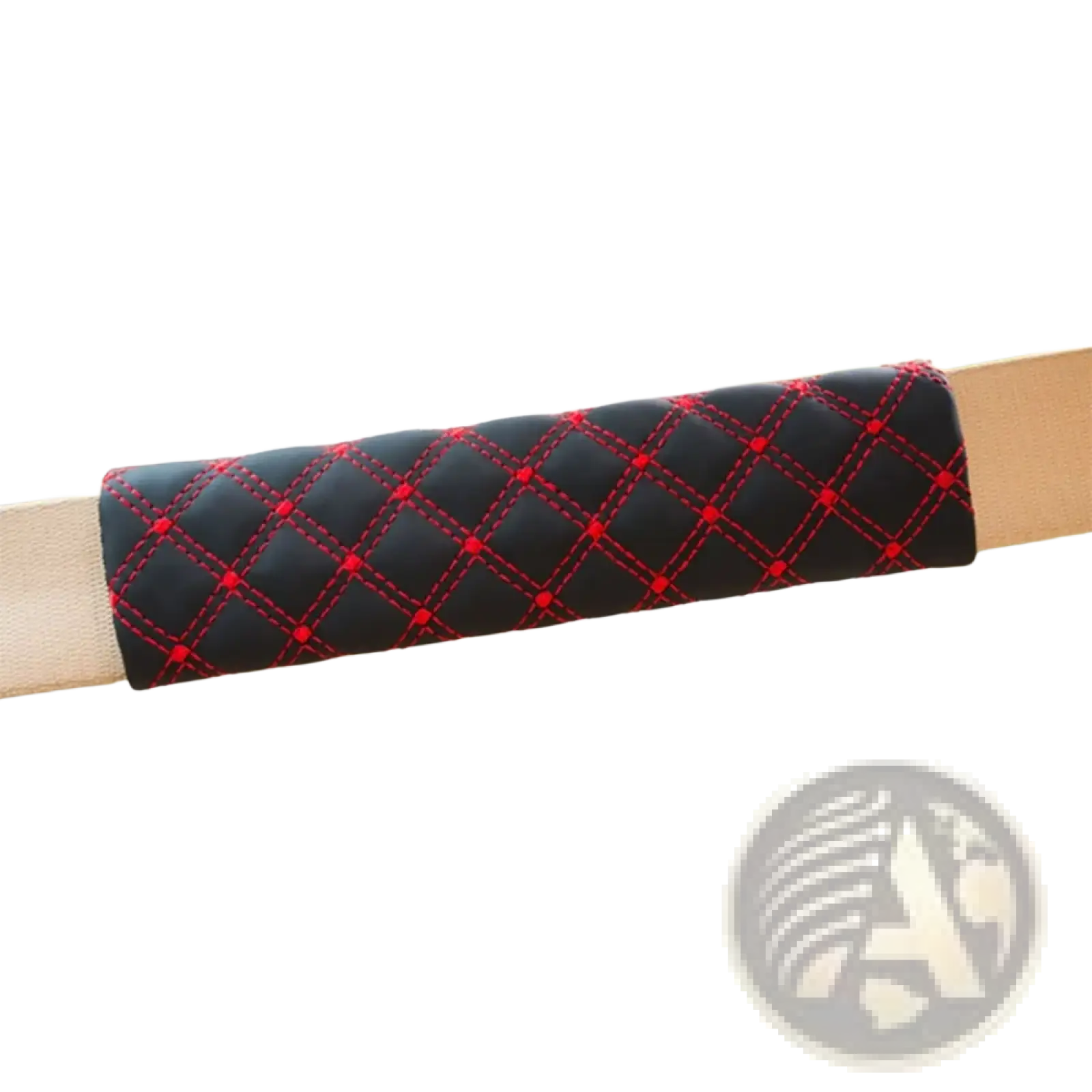 Black quilted leather car seat belt cover with red diamond stitching for added comfort and style