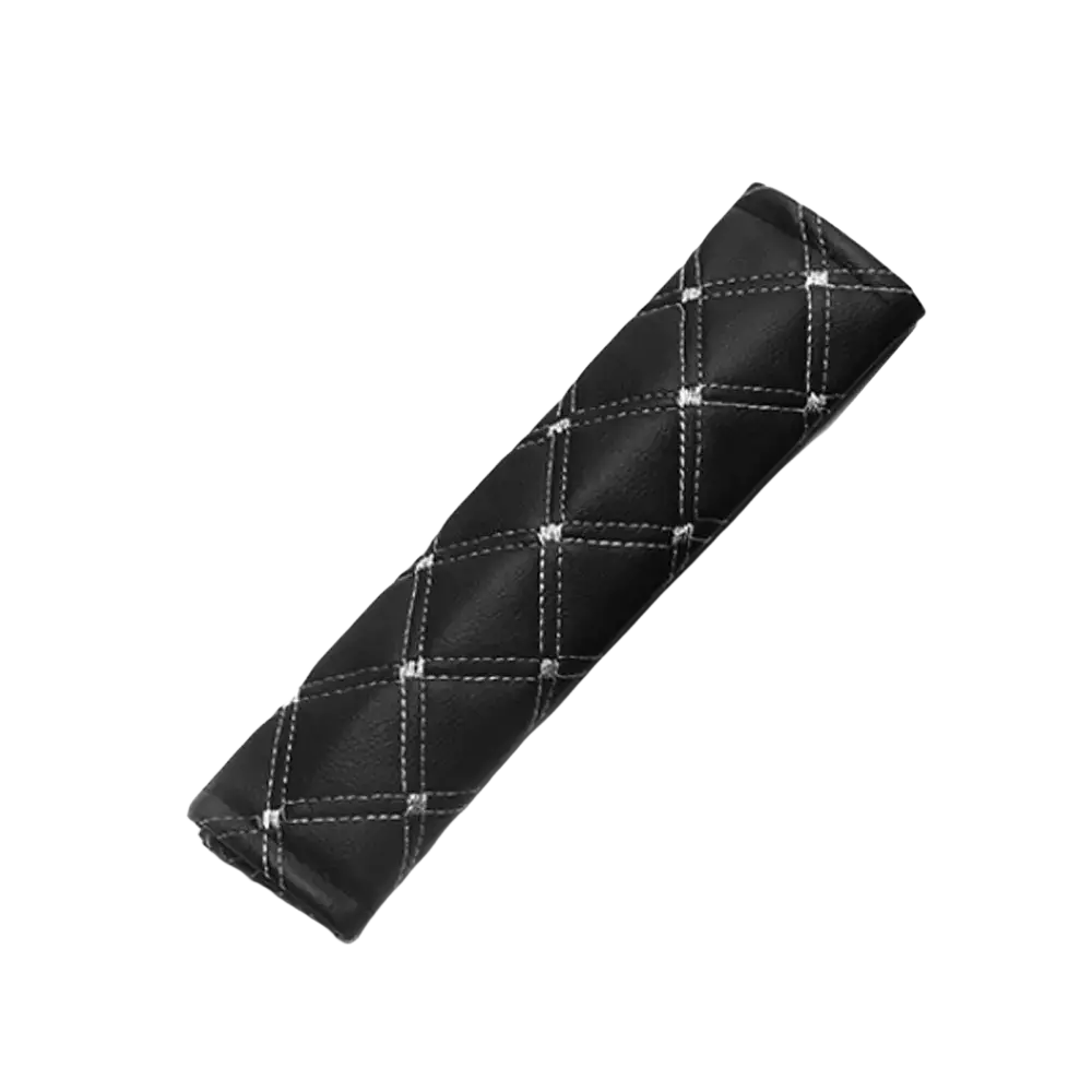 Black quilted leather car seat headrest cover with silver stitching for enhanced comfort and style