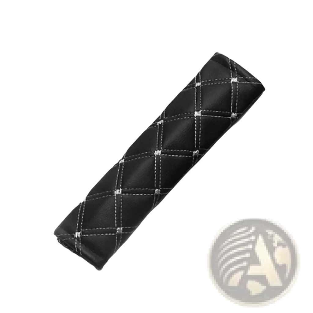 Black quilted leather car seat headrest cover with silver stitching for vehicle interior protection