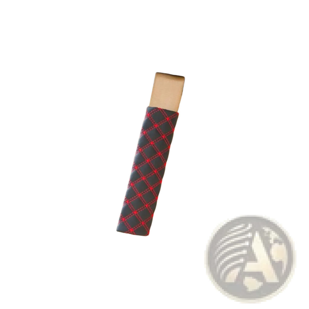 Red and black diamond-stitched leather car door handle cover matching quilted leather car seat belt cover red stitching