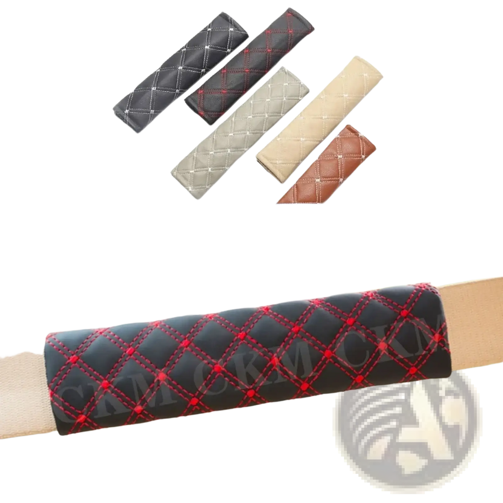 Black quilted leather steering wheel cover with red stitching and diamond pattern for car interior protection