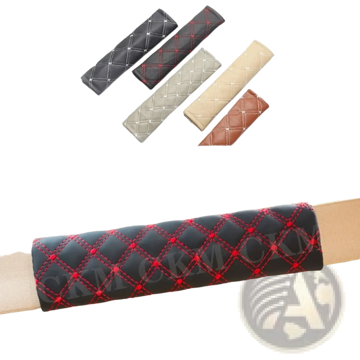 Black quilted leather steering wheel cover with red stitching and diamond pattern for car interior protection