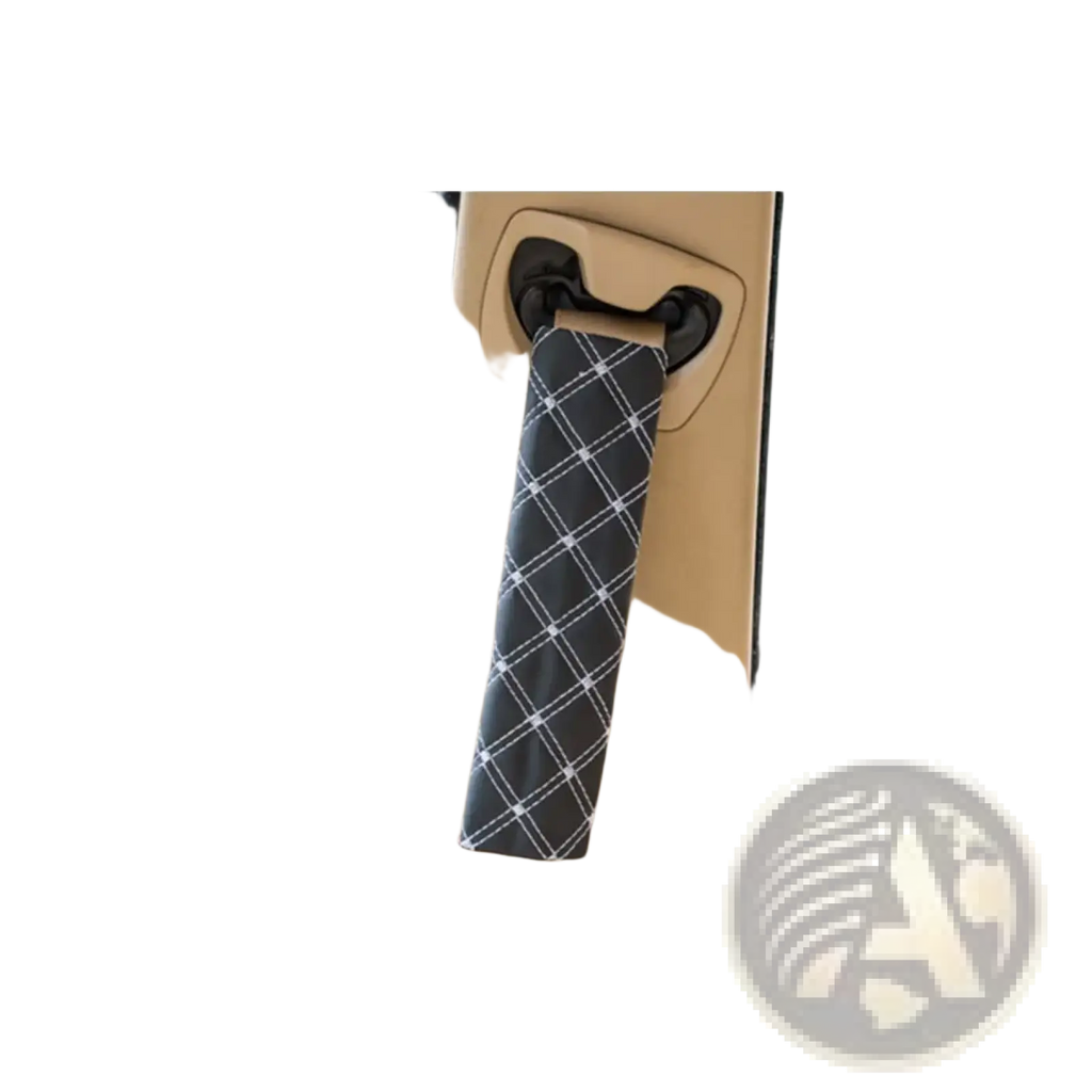 Black and white diamond-patterned leather car door handle cover with quilted design and red stitching detail