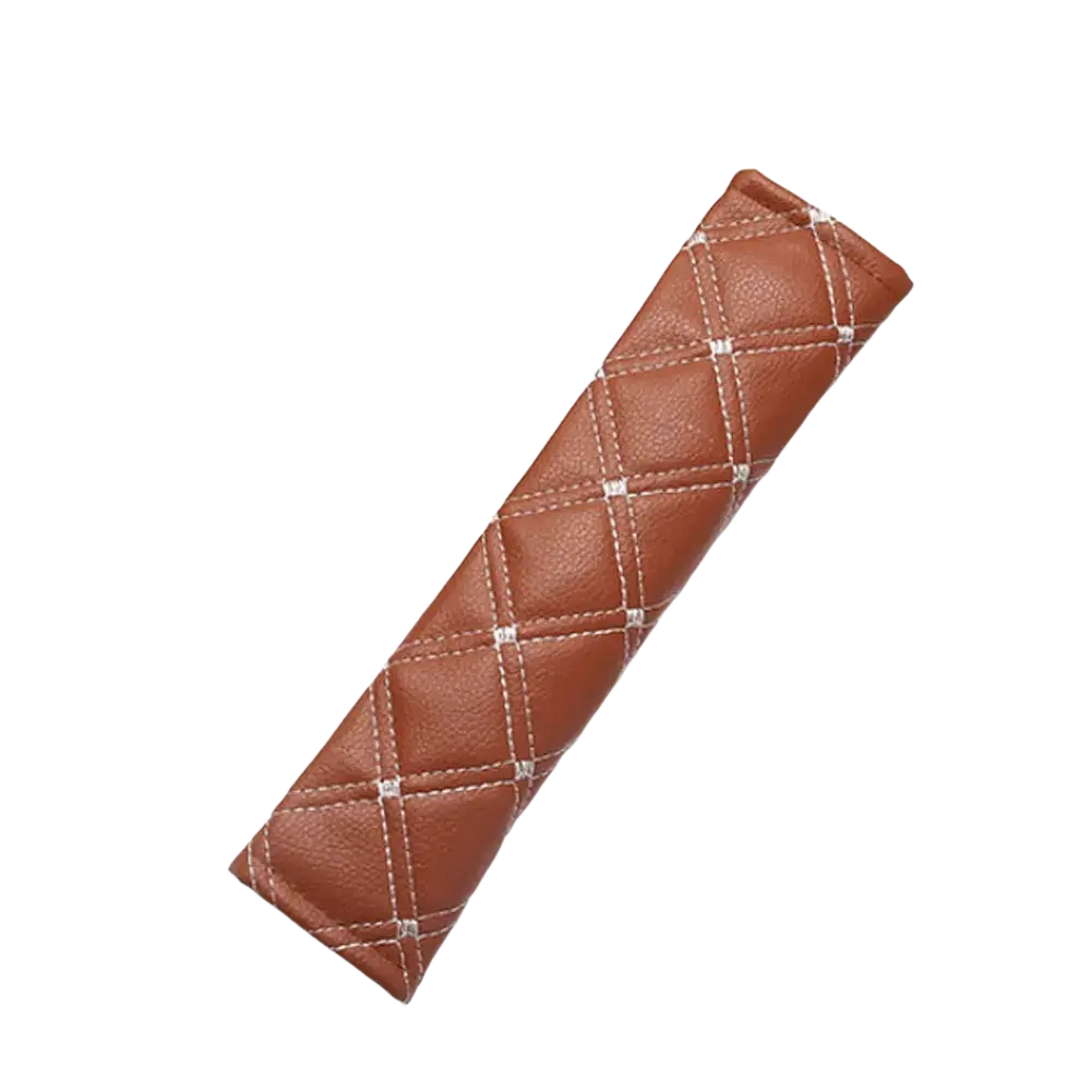 Brown quilted leather car seat belt pad with white stitching for comfortable vehicle safety belt use