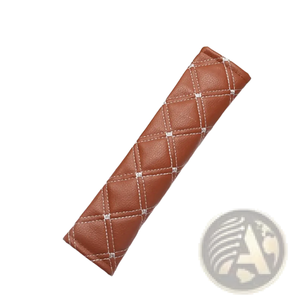Brown quilted leather car seat belt pad with white stitching for comfortable vehicle safety belt use