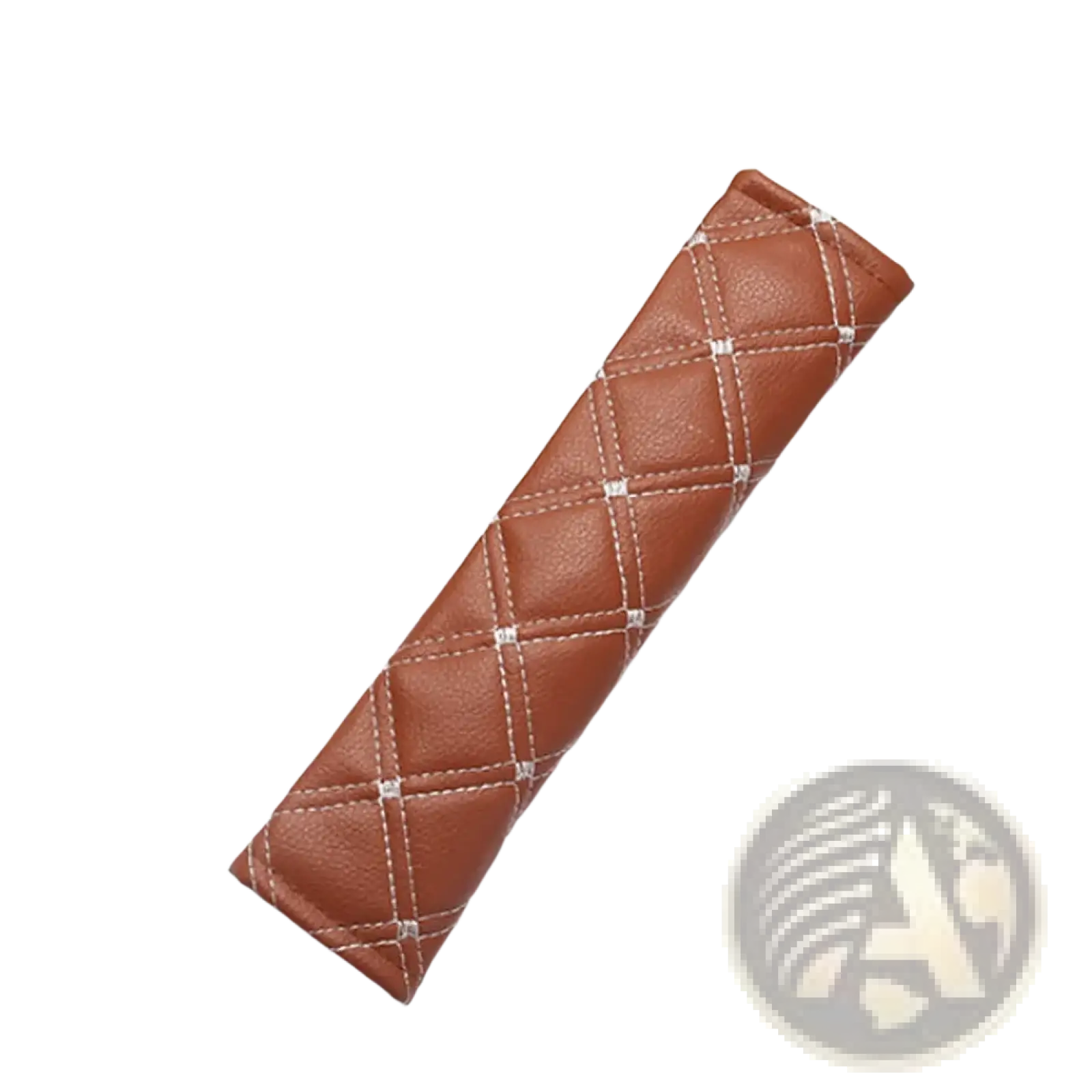 Brown quilted leather car seat belt pad with white stitching for comfortable vehicle safety belt use