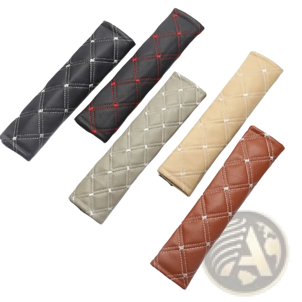 Quilted leather car seat belt covers in black red black gray beige and brown faux leather with diamond stitching