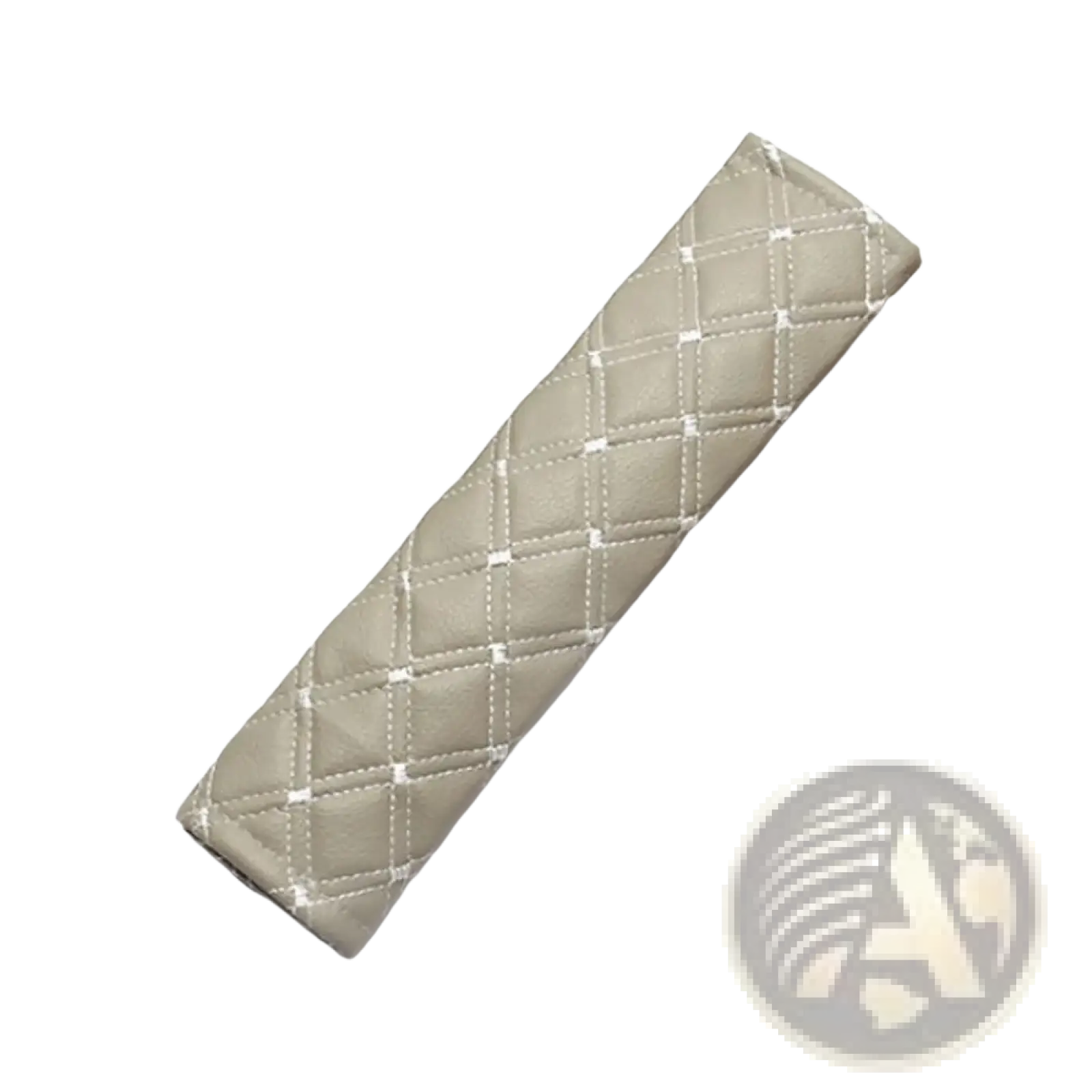 Beige quilted leather car seat belt pad with white stitching designed for comfort and protection while driving