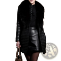 Black quilted leather coat with plush fur collar and structured padded design paired with a glossy leather skirt
