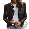 Black quilted leather moto jacket slim fit women’s coat with silver zippers and snap buttons visible on front side