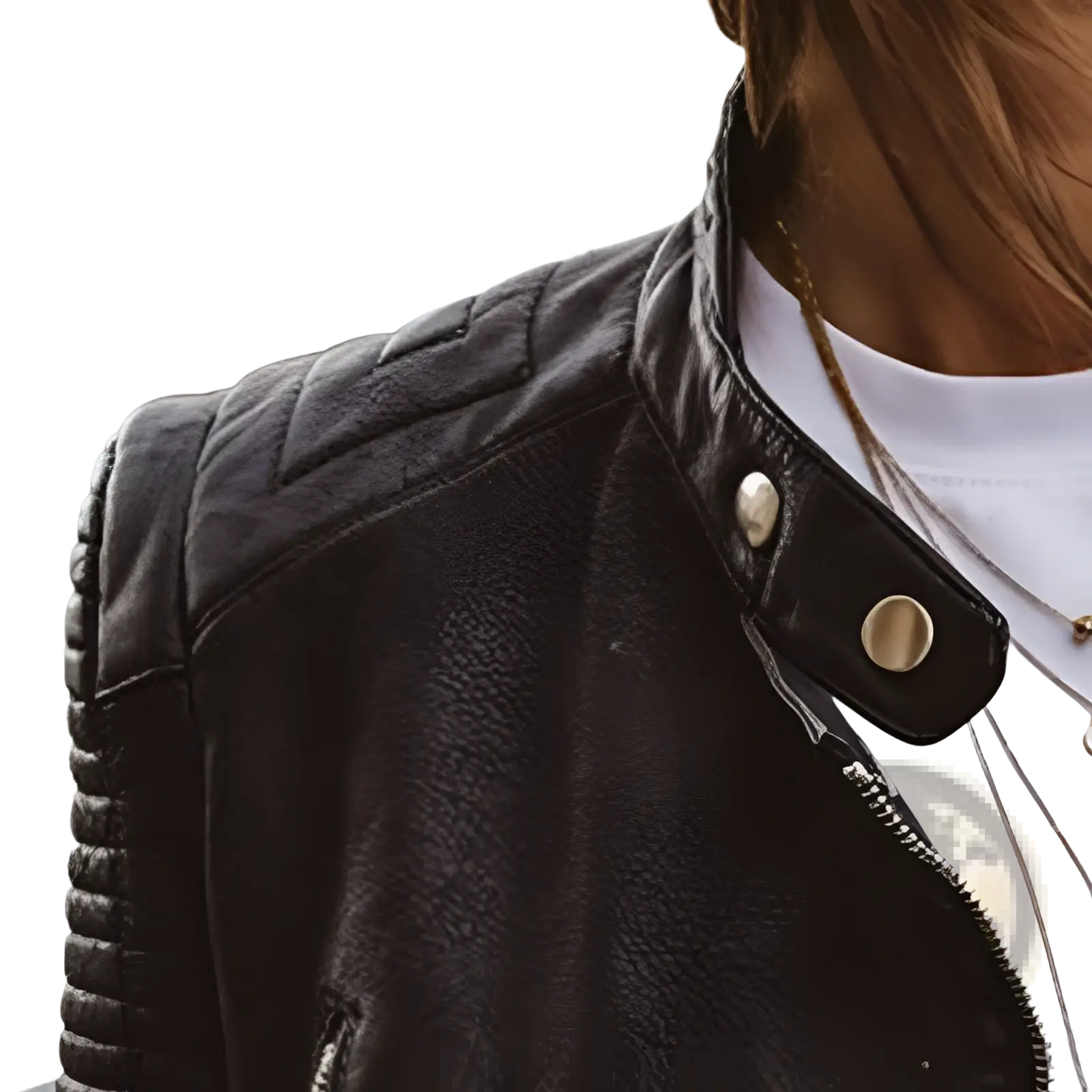 Black quilted leather slim fit moto jacket for women with gold-tone snap buttons and zipper details