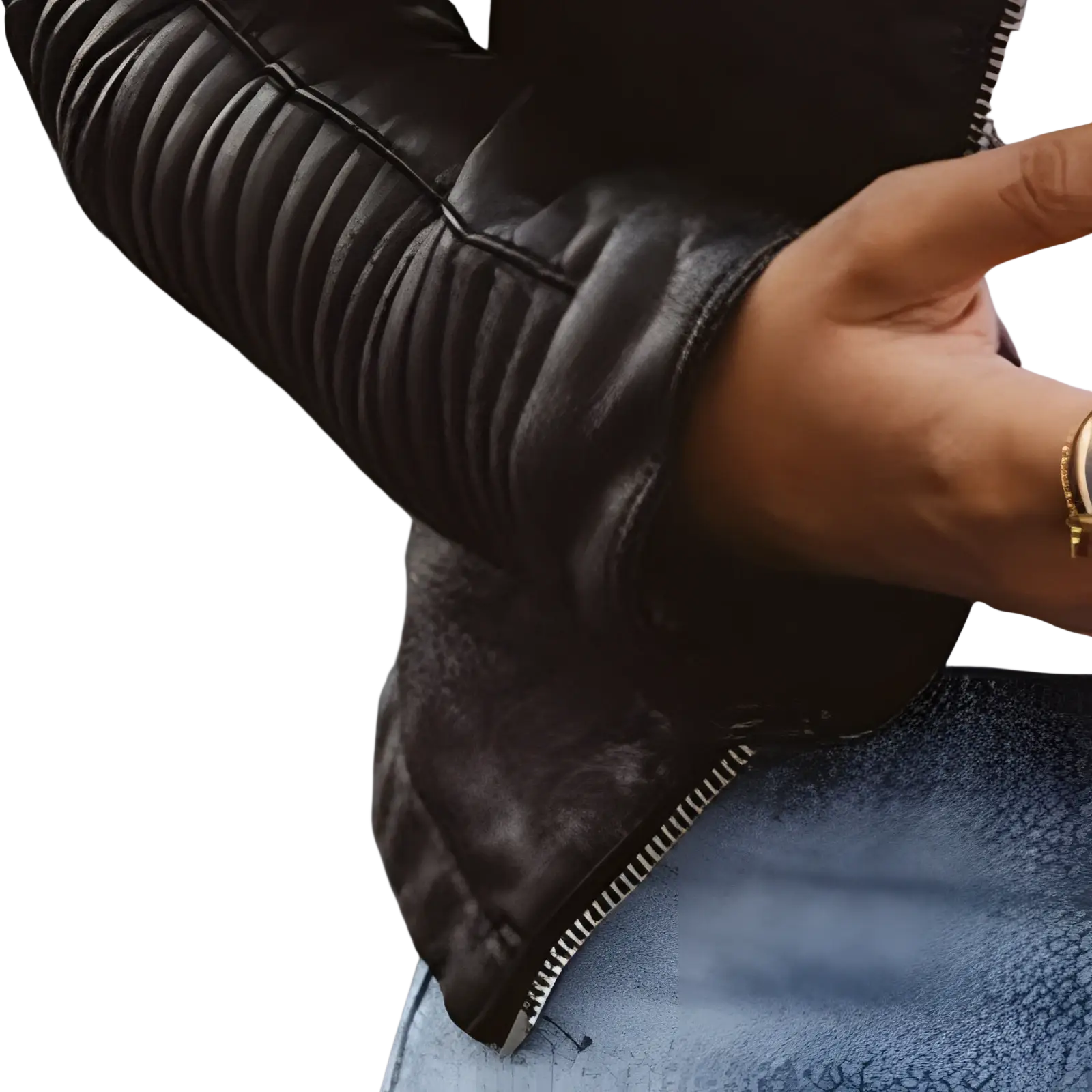 Black quilted leather moto jacket sleeve with zipper detail slim fit women’s coat accessory view