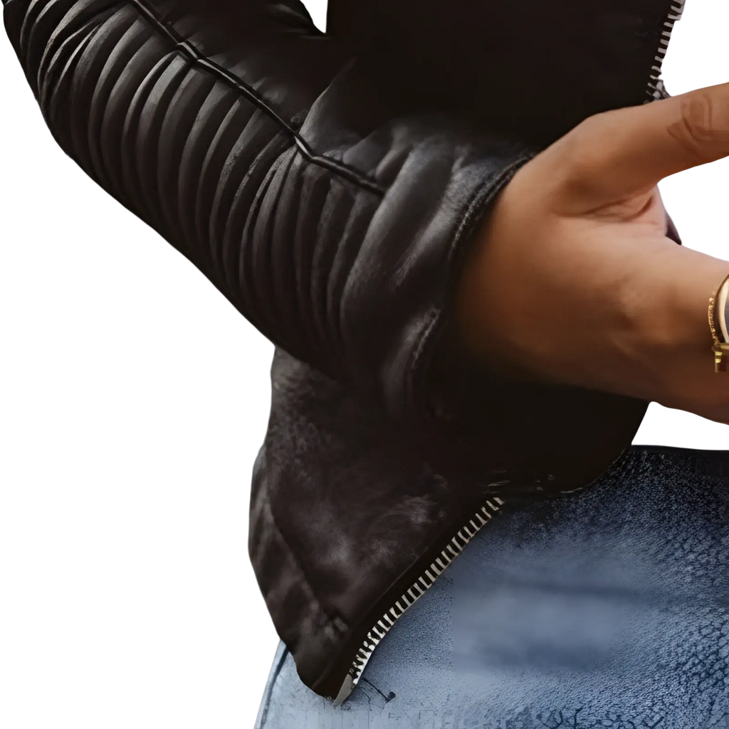 Black quilted leather moto jacket sleeve with zipper detail slim fit women’s coat accessory view