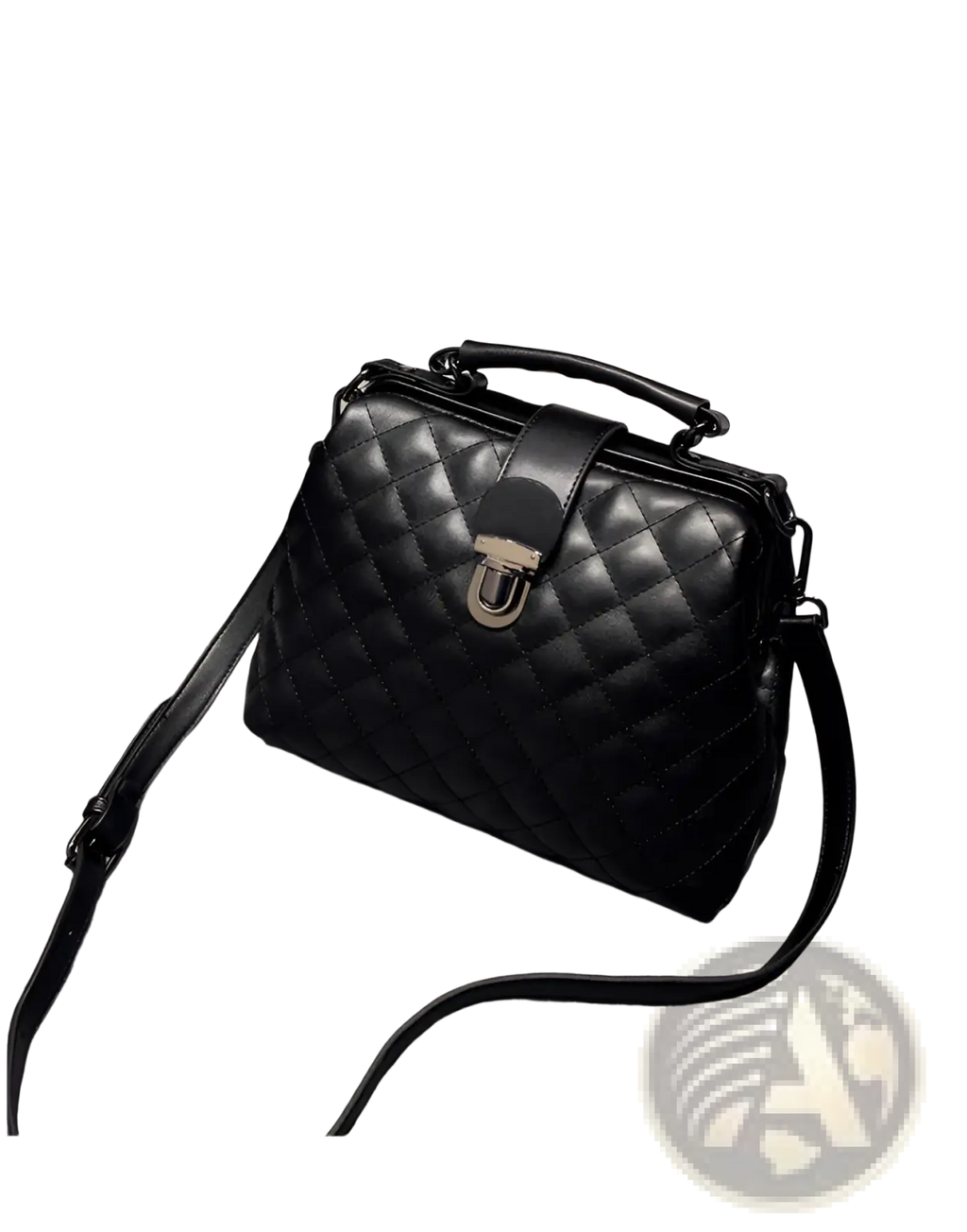 Black quilted leather retro doctor shoulder bag with silver-toned clasp and top handle for elegant use